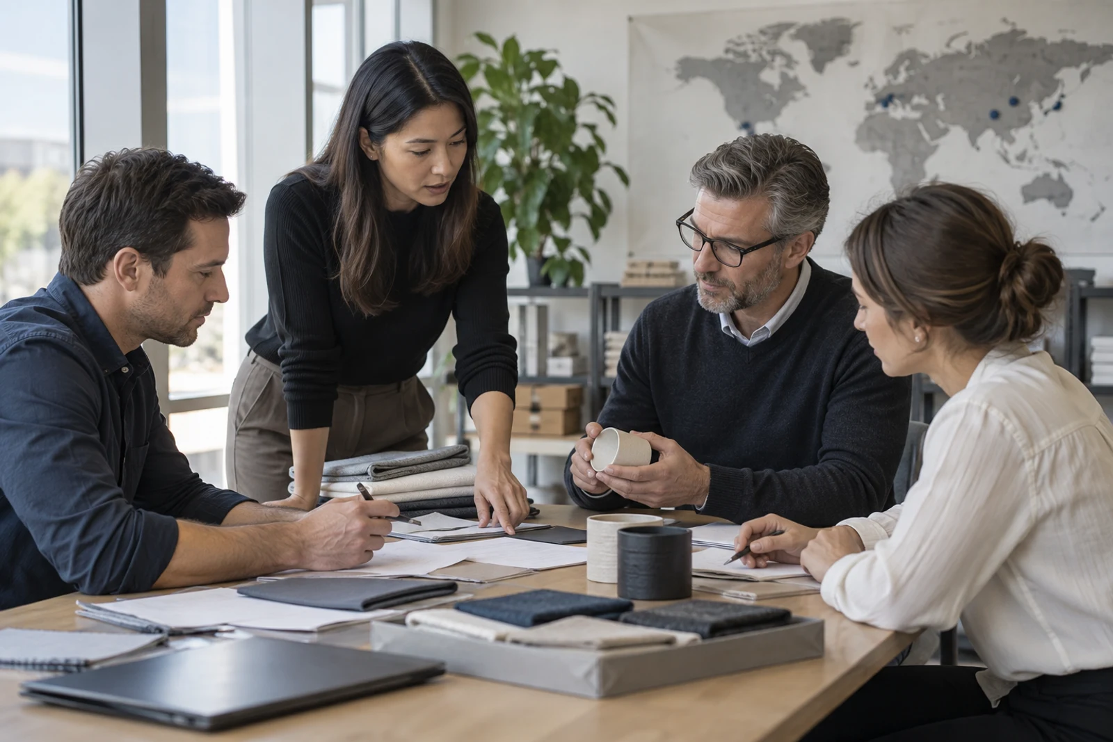 A professional team reviewing product samples and supply information