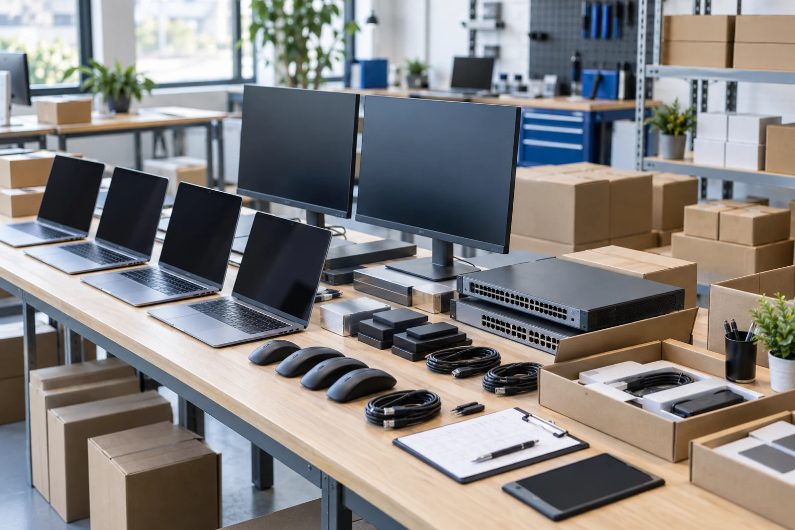 Complete commercial electronics order prepared for inspection and packing