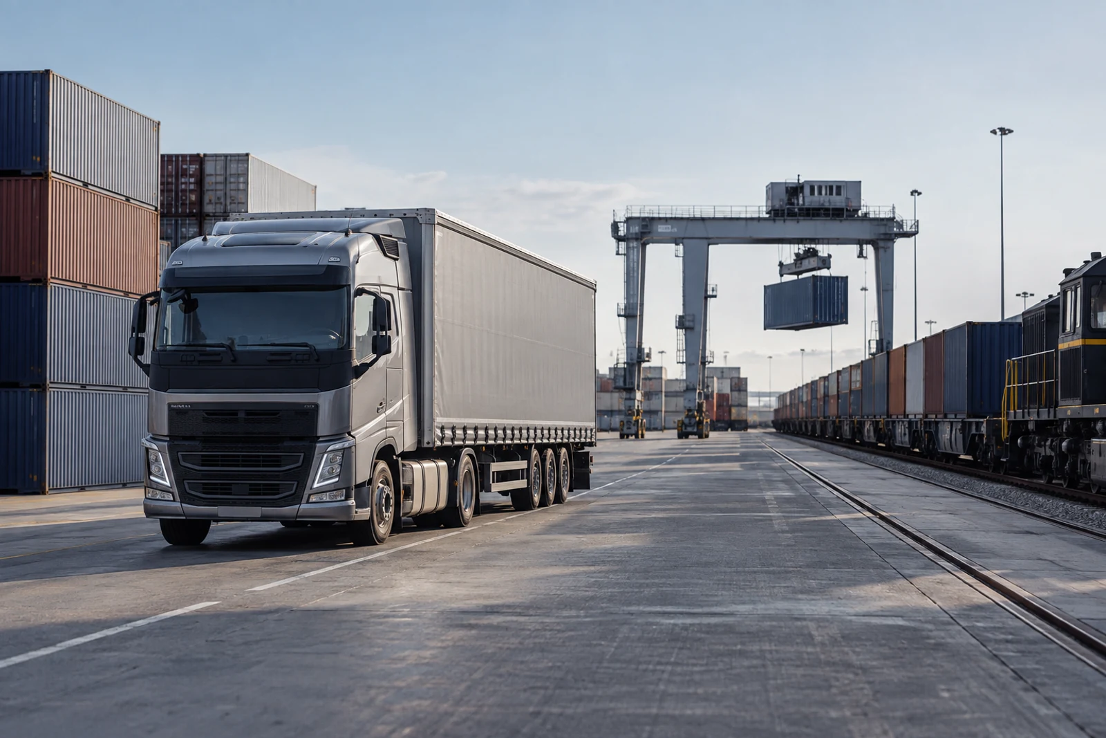 Unbranded road and rail freight at an intermodal terminal